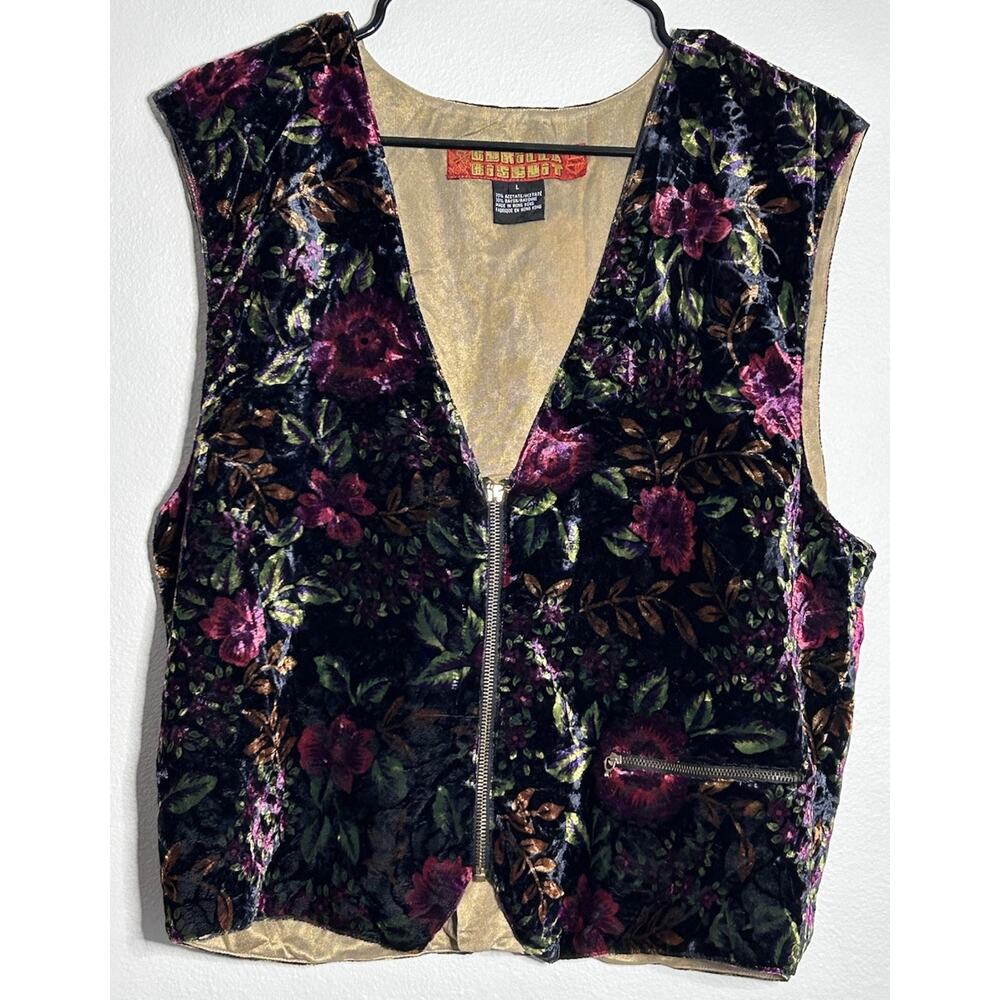 VTG Gorilla Biscuits 90s Velvet Floral Vest Zipper Boho Whimsigoth Sz L RARE